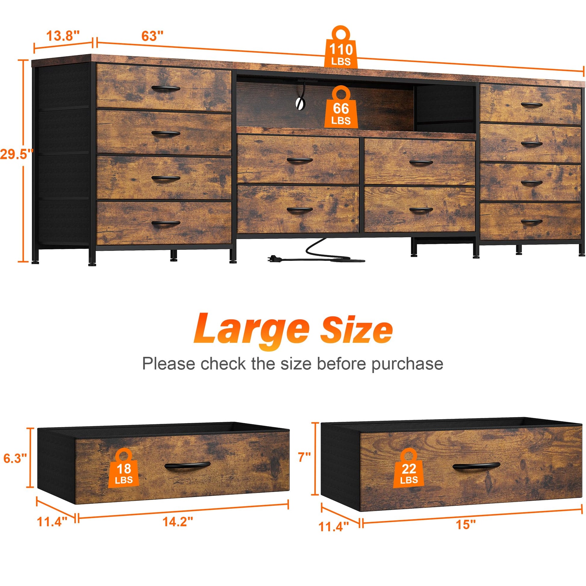 EnHomee Fits 75" TV Stand Dresser for 65 70 75 Inch TV 63" W Dresser TV Stand for Bedroom with LED Lights & Power Outlets & 12 Drawers Dresser for Bedroom Long Fabric Dresser Entertainment Ce - WoodArtSupply