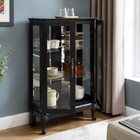 Lighted Curio Cabinet, 44" H Glass Display Case with Adjustable Glass Shelves, Vintage China Cabinet with Mirrored Back Panel & 3-Tier Shelves, Blub Included, Rack for Living Room (Black) CKEASEAN