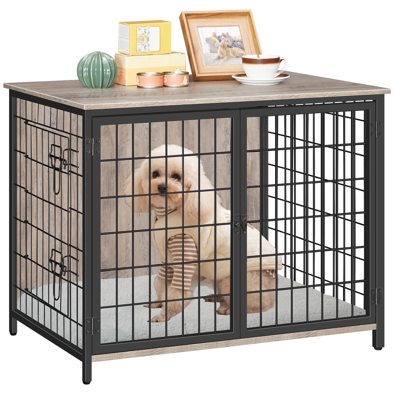 MAHANCRIS Dog Crate Furniture with Cushion, Wooden Dog Kennel with Double Doors, Heavy Duty Dog Cage for Small/Medium/Large Dogs, Indoor Dog House End Table, 31.5" L, Greige DCHG0701 - WoodArtSupply