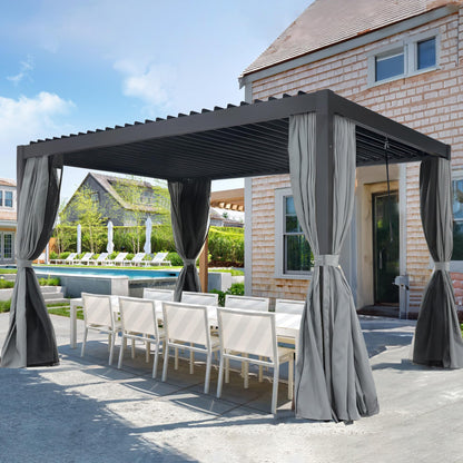 jamege 10' × 13' Louvered Pergola with Adjustable Roof, Outdoor Aluminum Pergola with Curtain and Netting, Hardtop Patio Pergola for Garden Porch Yard Deck - WoodArtSupply