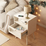 Mid Century Modern Nightstand with Charging Station, Bedside Tables with Glass Drawer, End Table Side Table with 2 Tiers Storage Space, for Bedroom, Living Room, White SOOWERY