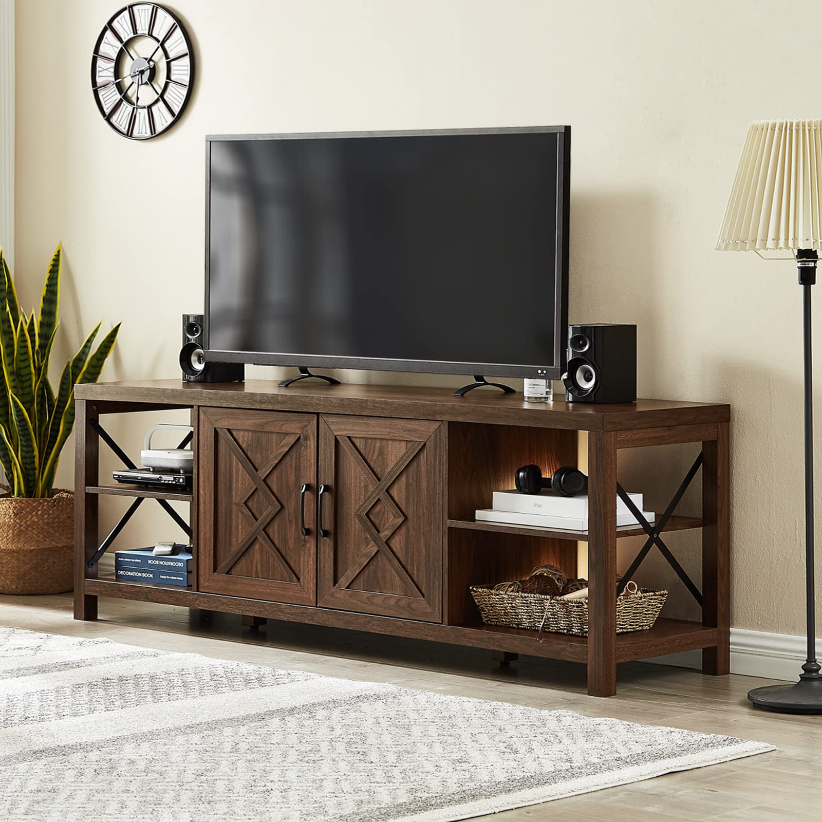 Okvnbjk TV Stand for 75 Inch TV with Storage,65 Inch Width Wood TV Stand for 65 70 75+ Inch TV with Soft Closing Door Hinges, Dark Walnut - WoodArtSupply