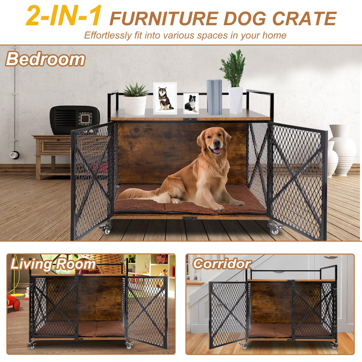 Ketive Dog Crate Furniture with Cushion, 41"L Wooden Dog Crate End Table with Double Doors, Chew-Resistant Dog Kennel Indoor, Heavy Duty Dog Crate with Wheels, Rustic Brown (41"L x 23.6 "W x 35.8 "H) ketive