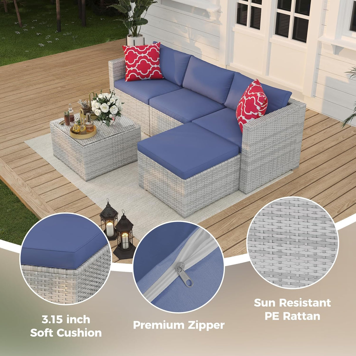 5-Piece Outdoor PE Wicker Patio Furniture Set, Water-Resistant Sectional Sofa With Plush Cushions, Tempered Glass Coffee Table & Ottoman, All-Weather Garden Conversation Set for Porch, Backyard, Blue ExploreHorizon