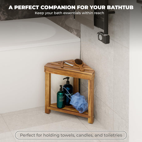 BLUEWEST Shower Foot Rest, Corner Shower Stool, Wooden Shower Foot Stool for Shaving Legs Inside Shower, Waterproof Shower Foot Rest with Storage Shelf for Small Shower Space, Shower Seats and Benches BLUEWEST