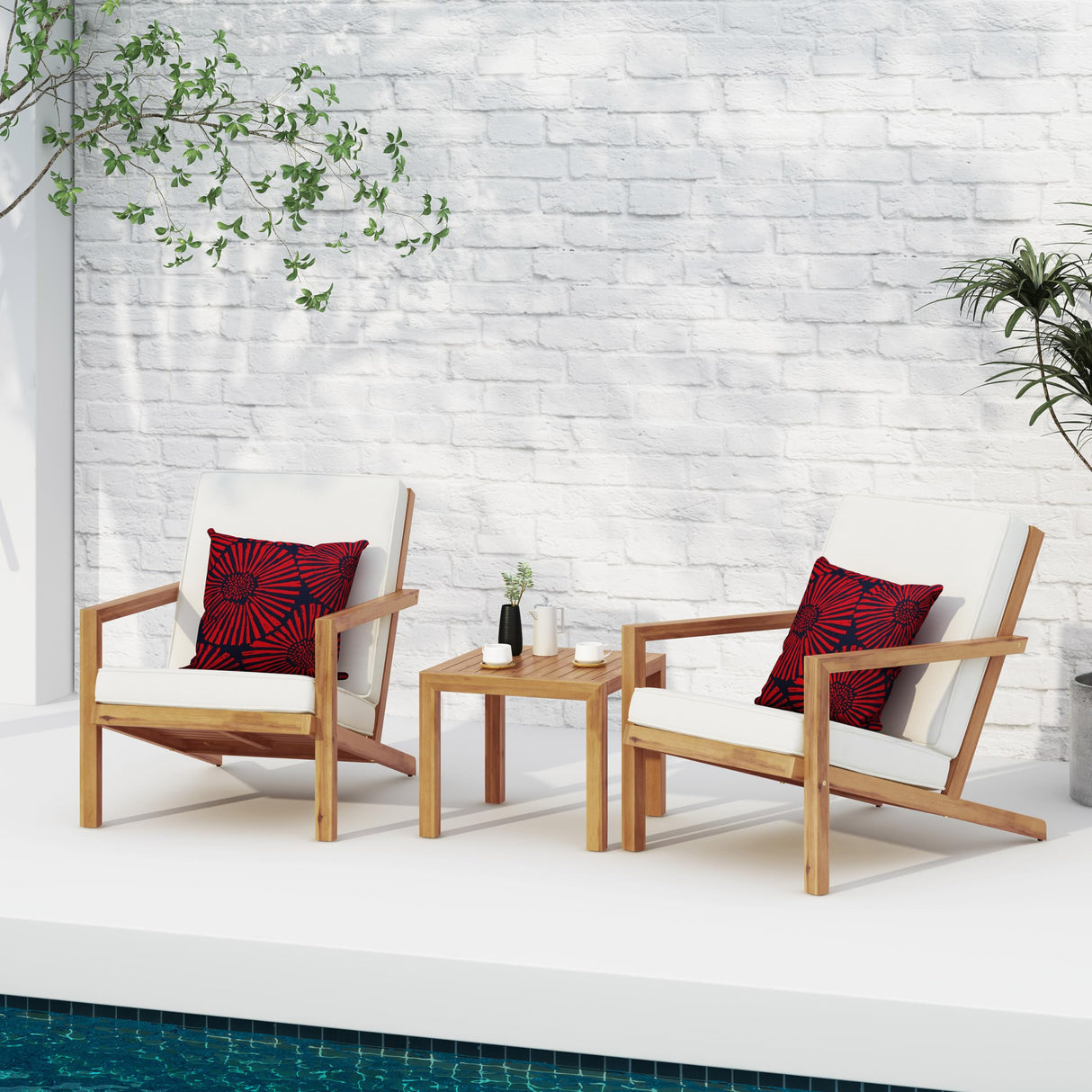 3 Piece Patio Set, Outdoor Acacia Wood Balcony Furniture, Porch Furniture Chat Set with Water Resistant Cushions, Outdoor Chairs Set of 2 for Balcony, Deck, Backyard(Not Include Throw Pillows)Teak KUTOLAKI