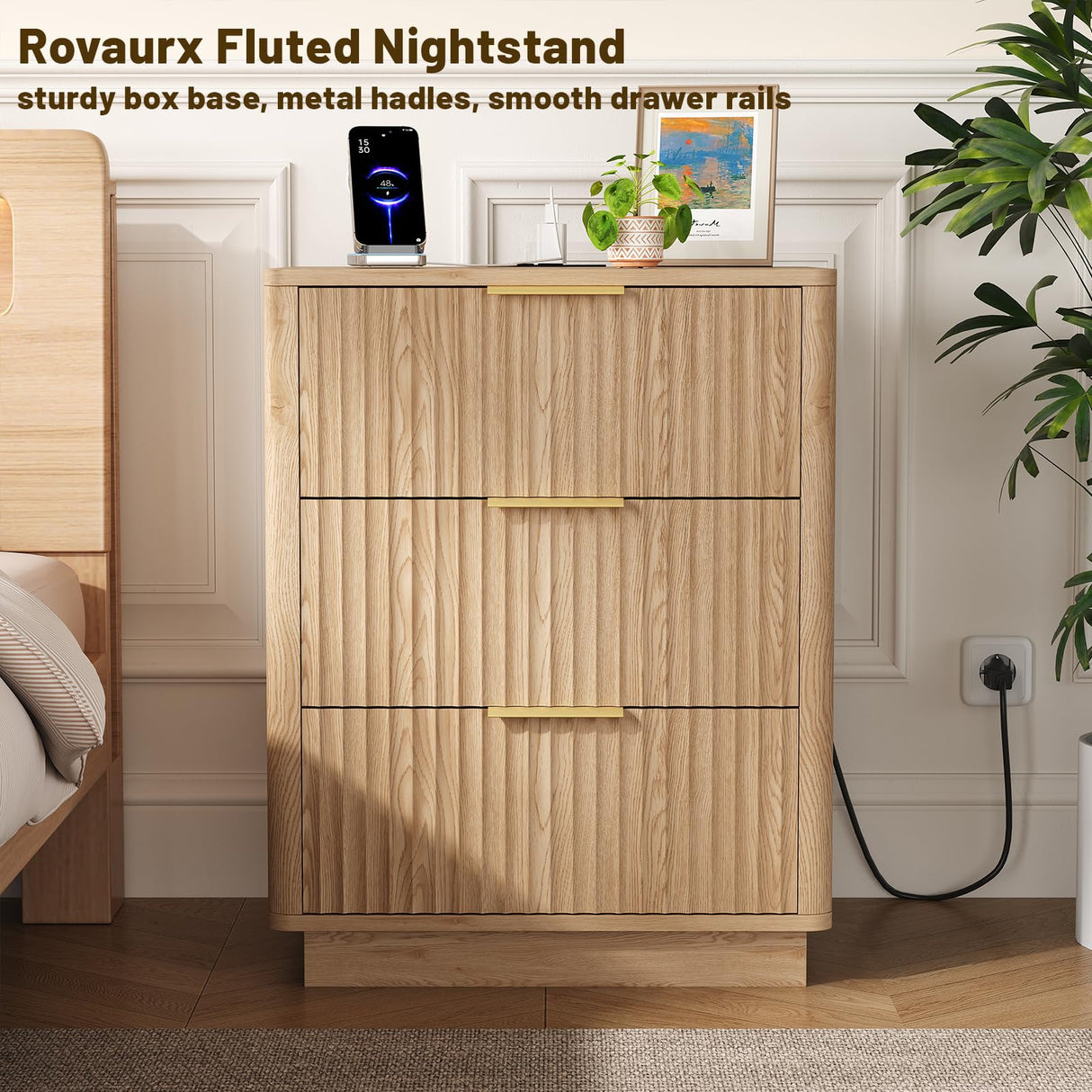 Rovaurx 21.7" Wide Fluted Nightstand with Charging Station, Mid Century Bedside Table with 3 Drawers, Oversized End Table for Bedroom, Curved Profile Design, Natural RCTG115ME Rovaurx