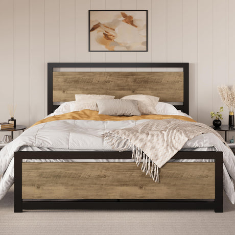 SHA CERLIN Heavy Duty Full Size Metal Platform Bed Frame with Wooden Headboard and 13 Strong Slats Support SHA CERLIN