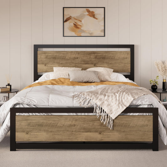 SHA CERLIN Heavy Duty Full Size Metal Platform Bed Frame with Wooden Headboard and 13 Strong Slats Support - WoodArtSupply