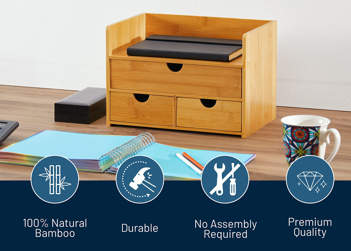 RoyalHouse Premium Natural Bamboo Desktop Organizer, Attractive Design 3 Tier, Table Top Storage for Documents & Office Supplies, Accessories And More, No Assembly Required (3 Drawer with Shelf) RoyalHouse