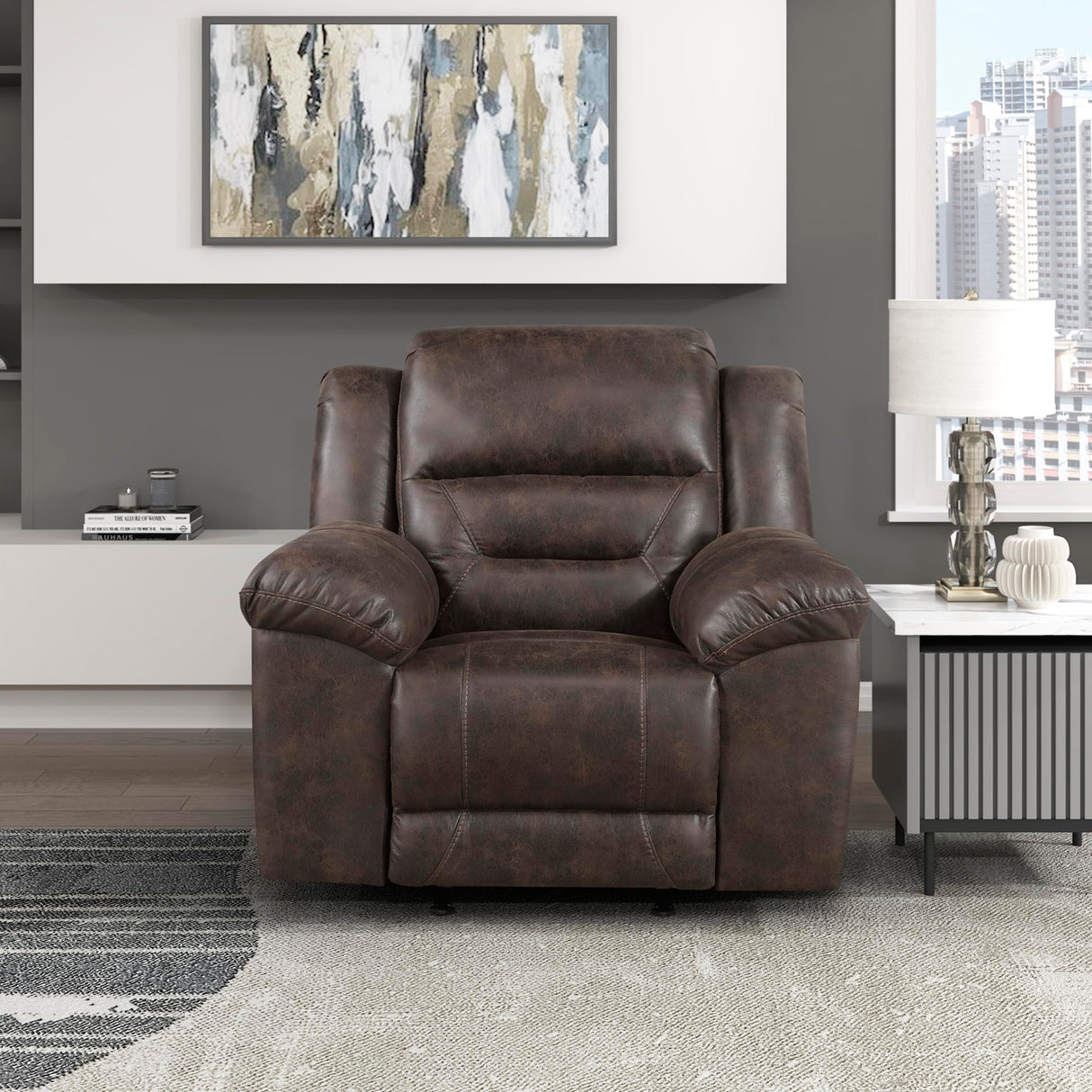 Lexicon Rocker Recliner Chair for Living Room, Wall Hugger Manual Recliner Chairs, Textured Microfiber Upholstered Rocking Reclining Chair, Home Theater Seating, Required Assembly, Dark Brown Lexicon