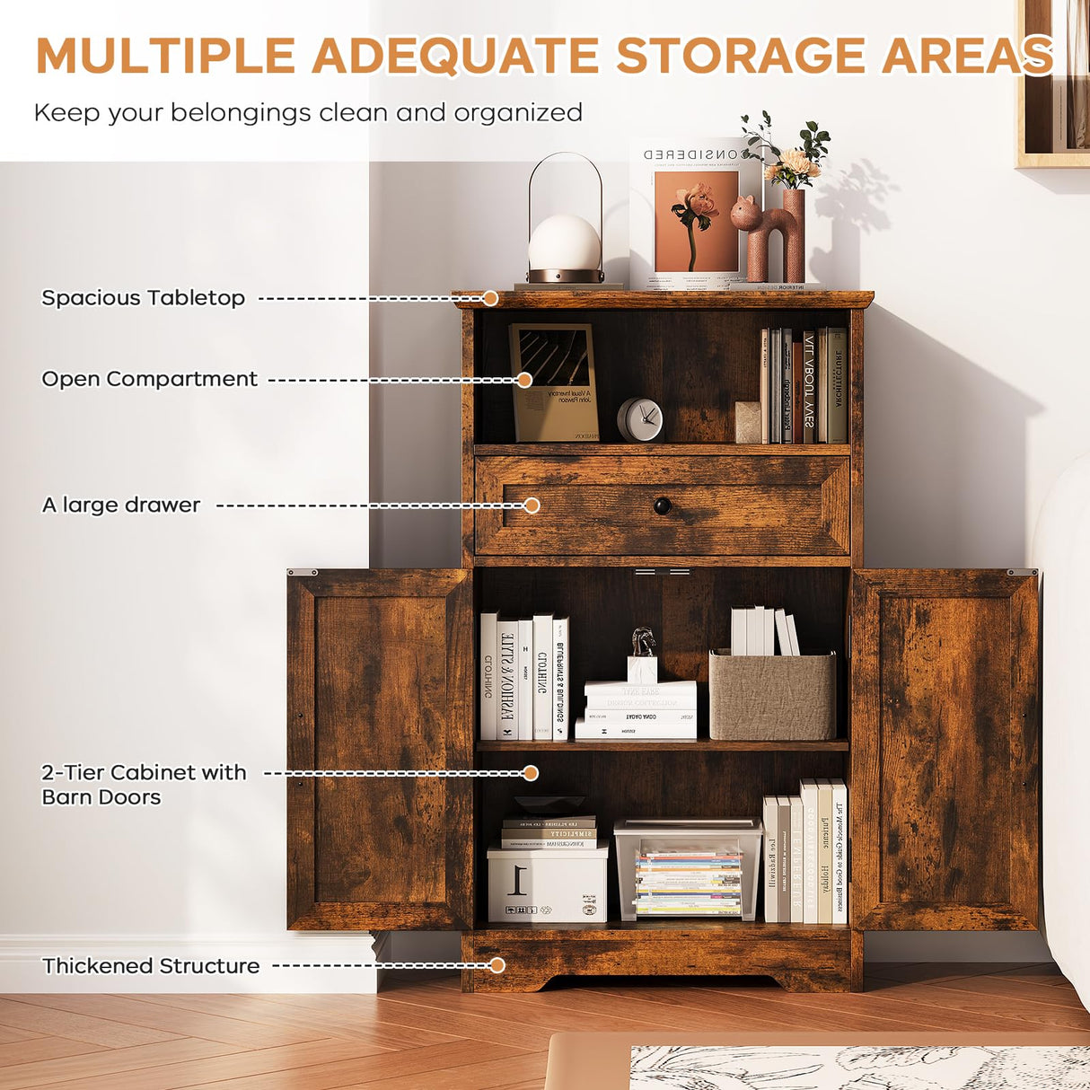 Viroformo Floor Cabinet, Farmhouse Storage Cabinet with Barn Doors and Drawer, 11.81" D x 23.62" W x 39.37" H Rustic Brown Freestanding Adjustable Shelf Organizer for Bathroom, Kitchen, Living Room Viroformo