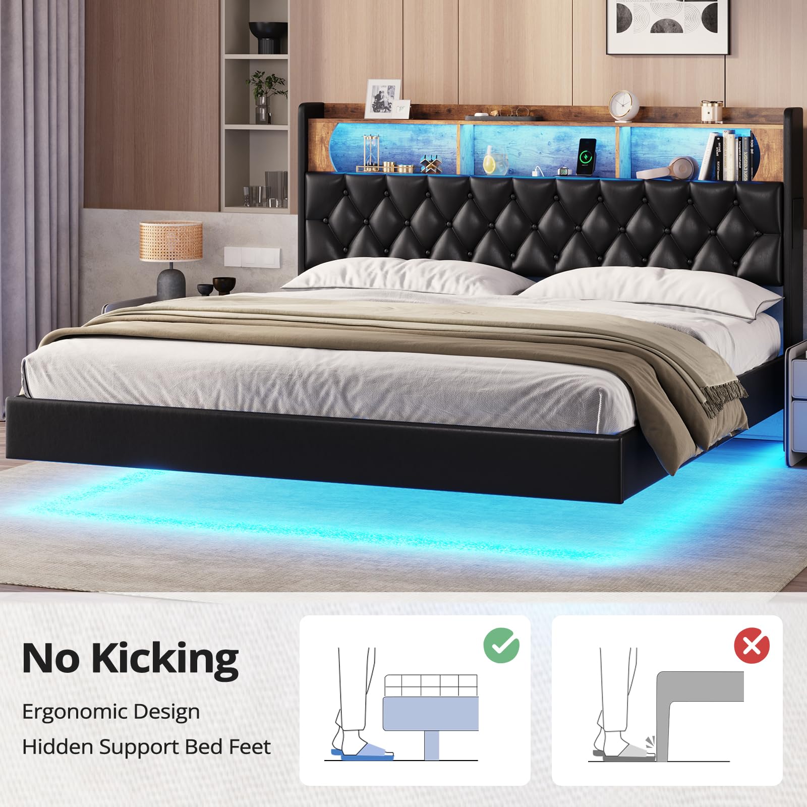 BTHFST King Floating Bed Frame with LED Lights and Storage Headboard - WoodArtSupply