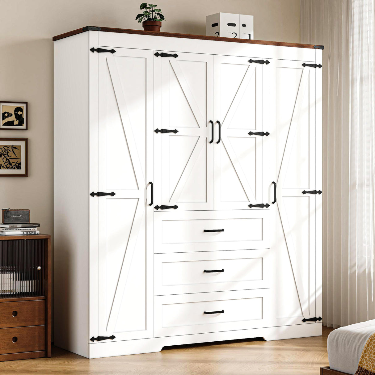 CayugaCrekrd 70" Tall Armoire Wardrobe Closet with 4 Doors & 3 Drawers, Farmhouse Bedroom Storage Cabinet with Hanging Rod, Freestanding Wooden Armoire Wardrobe Closet, White CayugaCrekrd