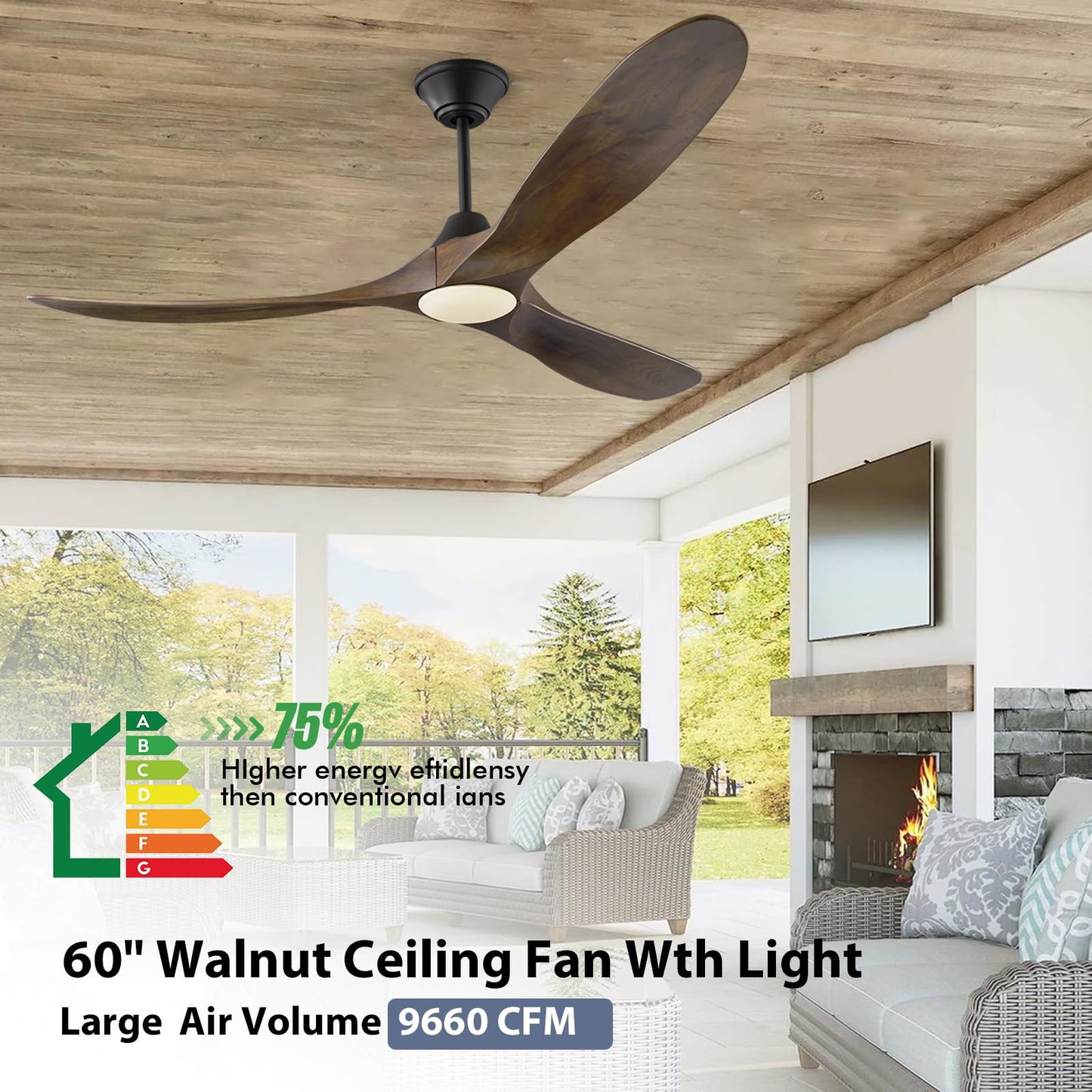 70 inch Large Ceiling Fans with Lights, Outdoor Ceiling Fans for Patios Waterproof, 3 Blades Propeller Wood Ceiling Fans, Smart Ceiling fan with Remote & APP for Indoor Exterior Porch Commercial