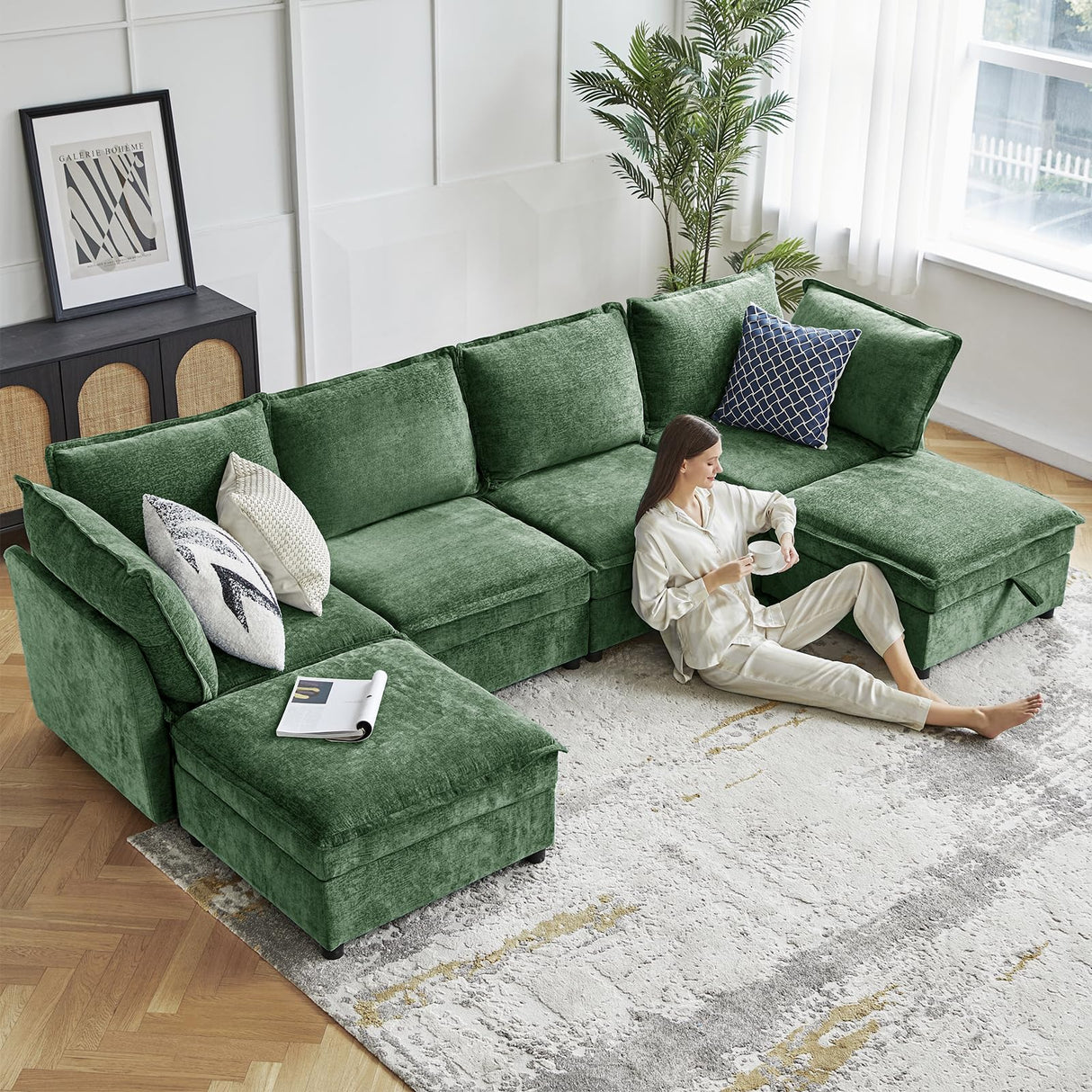HULALA HOME 127'' Modular Sectional Sofa, Oversized U Shaped Couch with Storage Ottoman, Comfy Chenille Sofa with Deep Seat, 6 Seat Convertible Couches for Living Room, Green HULALA HOME