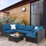 PAIQIAN 7 Piece Patio Furniture Set, Sectional Sofa Set Outdoor Rattan Patio Outdoor Sectional, Rattan Chairs Glass Table Seating Sectional Sofa with Cushions (Brown Blue) PAIQIAN