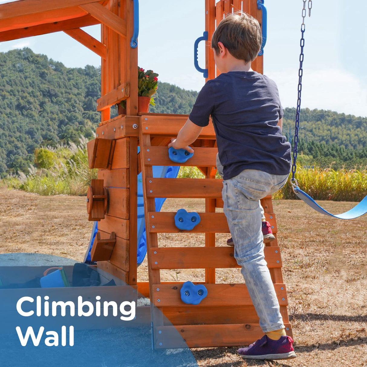 Dolphin Playground Swing Sets for Backyard with Slide, Wooden Outdoor Playset for Kids with Sandbox, Rock Climbing Wall, 2 Belt Swings, and Fort, Playground Sets for Backyards, Kids 3-6 DOLPHIN PLAYGROUND T