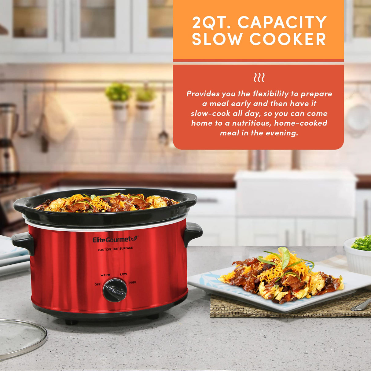 Elite Gourmet MST-275XR# Electric Oval Slow Cooker, Adjustable Temp, Entrees, Sauces, Stews & Dips, Dishwasher Safe Glass Lid & Crock (2 Quart, Metallic Red) Elite Gourmet