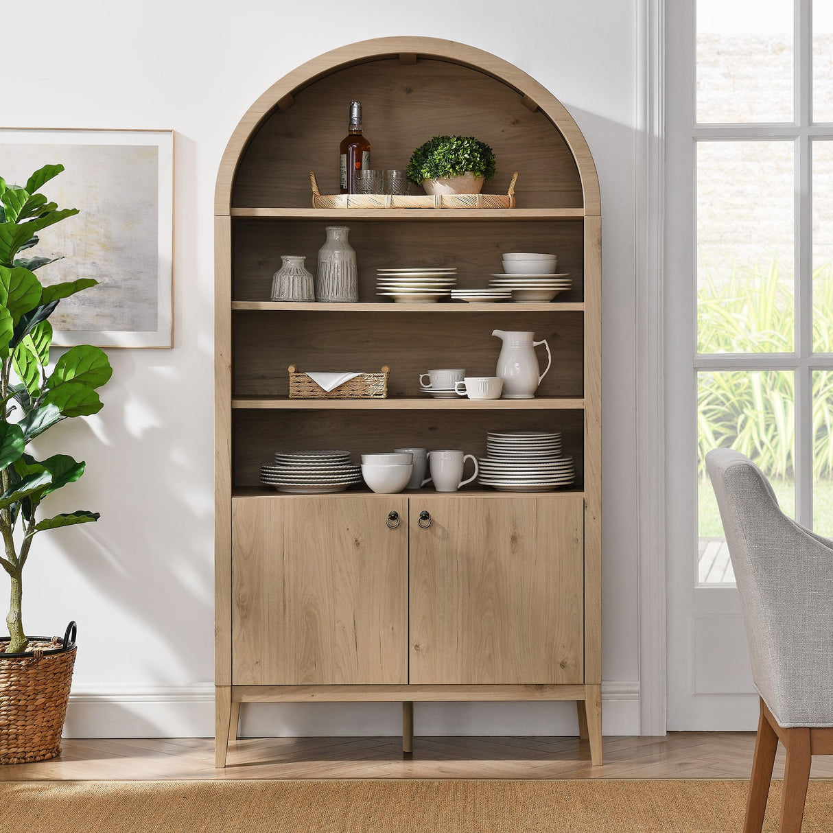 Modway Nolan Tall Arched Storage Display Cabinet in Light Oak - 74 Inch Arch Bookshelf with Open and Closed Shelving - Modern Accent Cabinet for Living Room, Dining Room Modway