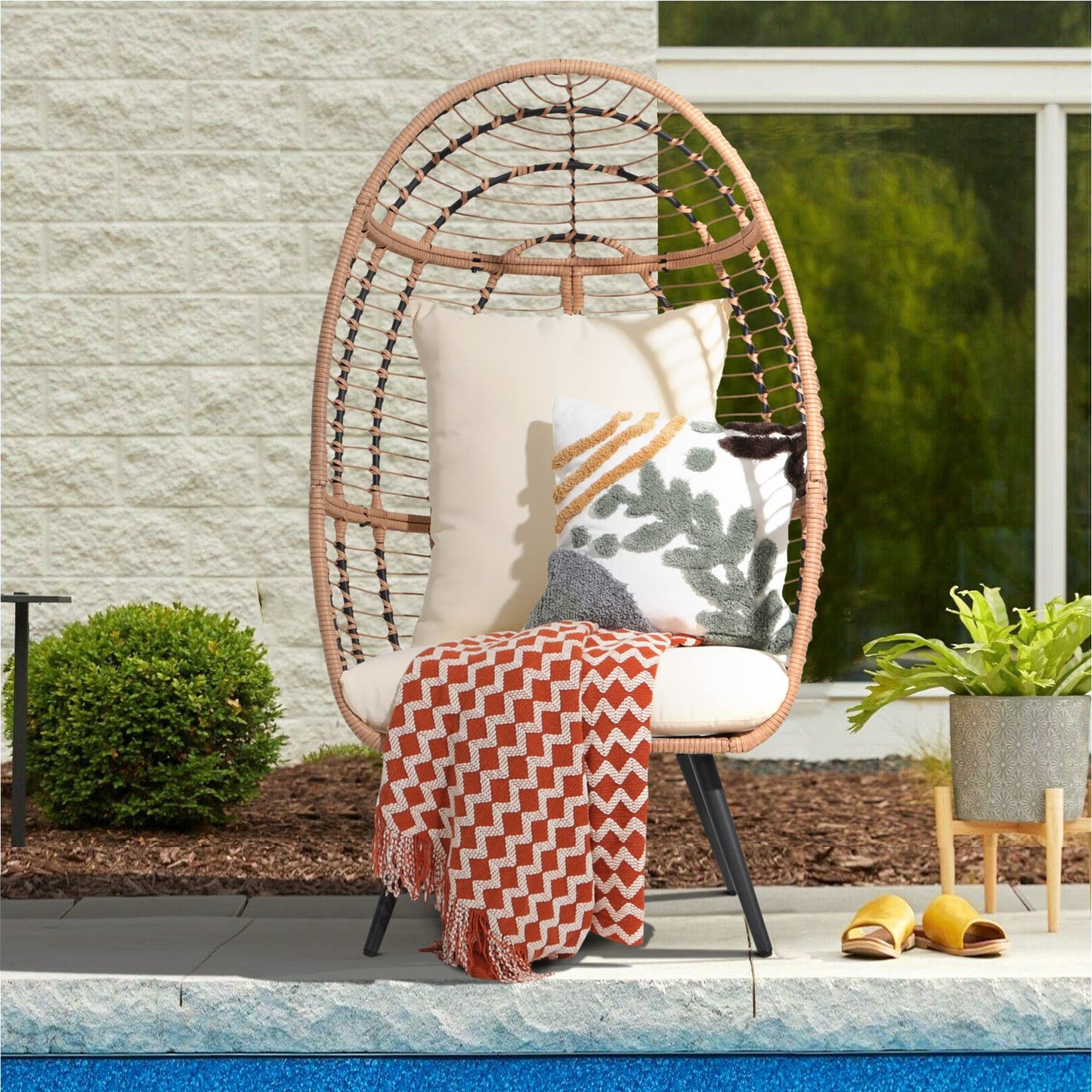 Patiorama Wicker Egg Chair Outdoor Indoor, Rattan Lounge Chair for Outside w/Legs Cushion, Basket Wicker Chair for Bedroom Living Room Front Porch Backyard Garden 350 lbs Capacity (Creamy White)