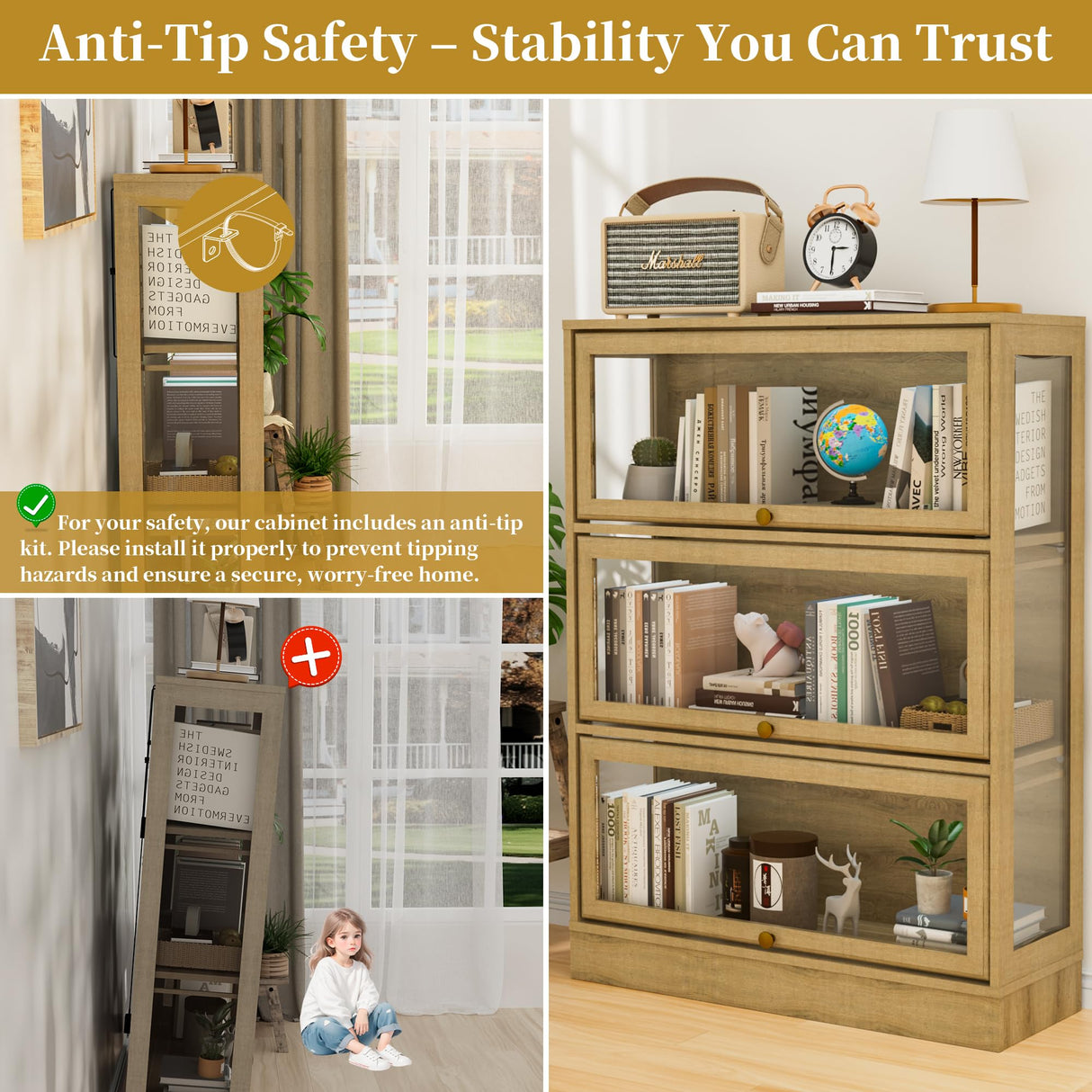 BONITURE Display Cabinet with Acrylic Glass Doors,3-Tiers Curio Cabinet with LED Lighting for Collectibles, Collectibles Toy Organizers Rack & Display Shelf Display Case Storage Cabinet, Nature BONITURE