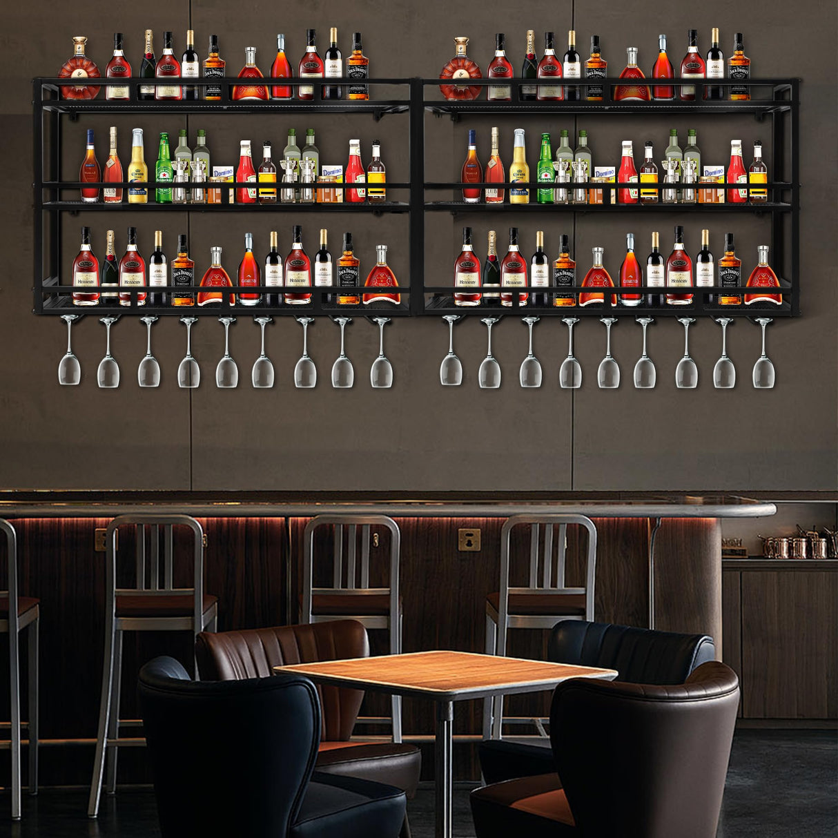 HFTUW Metal Wine Rack Wall Mounted, Bar Shelves for Liquor Bottles with LED Light, 3 Tier Large Capacity Liquor Rack Wall Mounted with Glass Holder for Home Bar & Dining Room （Black, 39in/100cm） HFTUW