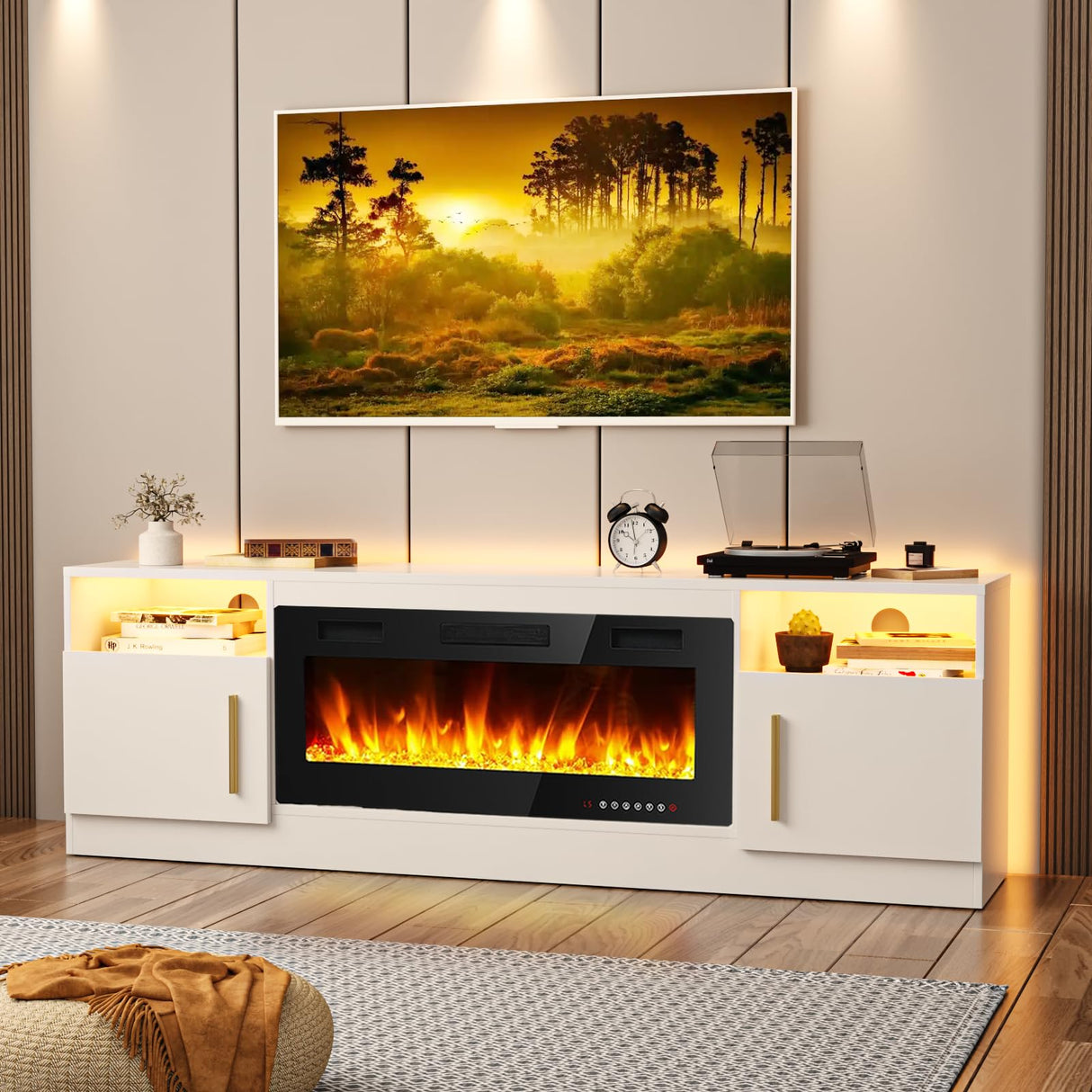 TAVATA Fireplace TV Stand Entertainment Center with 36" Fireplace, 70" Wooden TV Stand for TVs Up to 80",Media TV Console with High Gloss Storage Cabinet and 16 Colors LED Lights (White) TAVATA