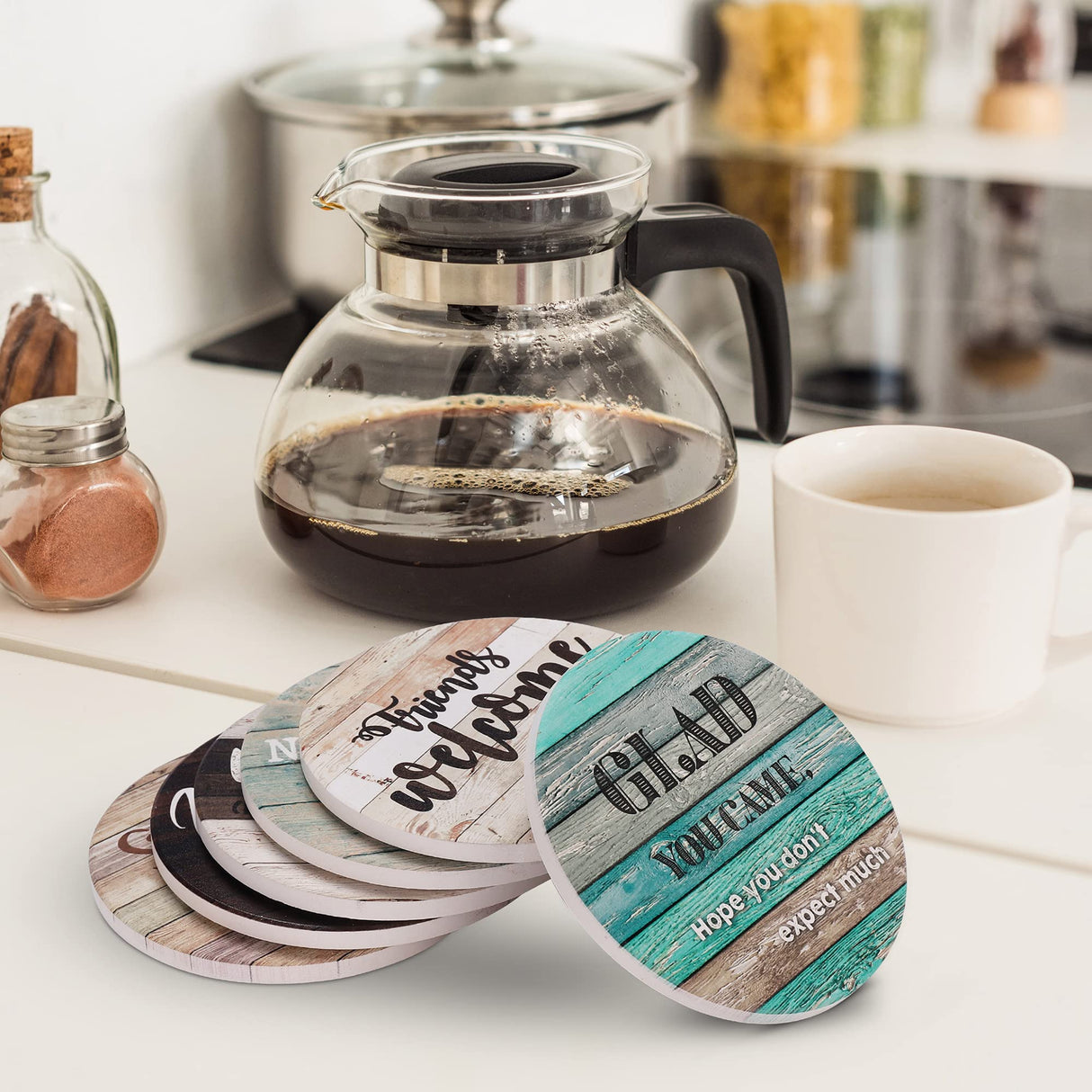 Funny Coasters - House Warming Gifts New Home - Housewarming Gifts for Women, Men, Couple, New Homeowner - Farmhouse Bar Coasters for Drinks with Holder - First Apartment Essentials Ultimate Hostess