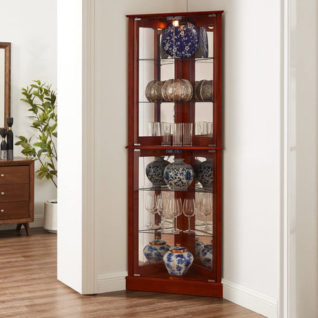 KUVADAZ Lighted Corner Curio Display Cabinet with Doors, 6 Tiers Corner Curio Cabinet with Adjustable Tempered Glass Shelves and Mirrored Back Panel, Modern Glass Display Cabinet No Bulb Cherry KUVADAZ