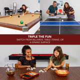 Hathaway Newport 7-ft Pool Table Tennis Combination with Dining Top, Two STO Newport II 7-ft Pool Table Combo Set with Benches - White with Camel Feltrage Benches with Accessories - Walnut Hathaway