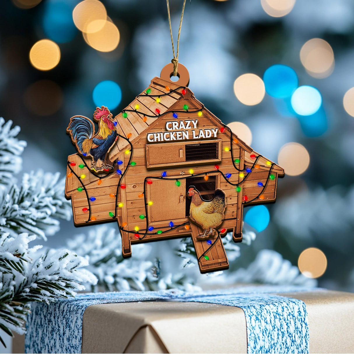 ROLOL Chicken Coop Ornaments, Funny Christmas Ornament Farmhouse Countrycore Seasonal Decor, Gift for Farmer, 2-Layer Wooden Ornaments 3.5 Inches ROLOL
