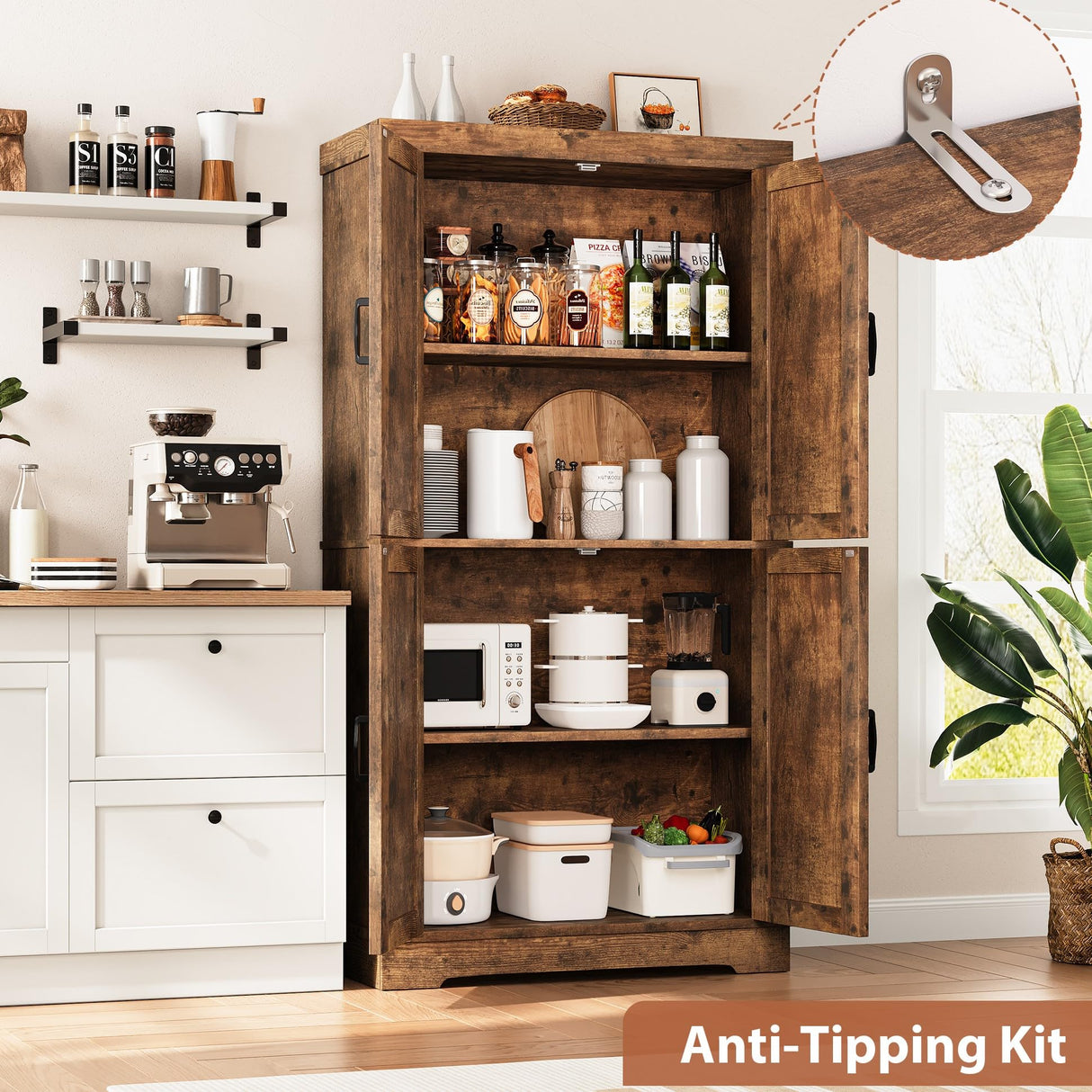 Pantry Cabinet,68'' Kitchen Pantry Storage Cabinet with 4 Doors and Adjustable Shelves, Farmhouse Tall Food Large Wood Pantry Storage Furniture for Kitchen Dining Room,Brown Jocoevol