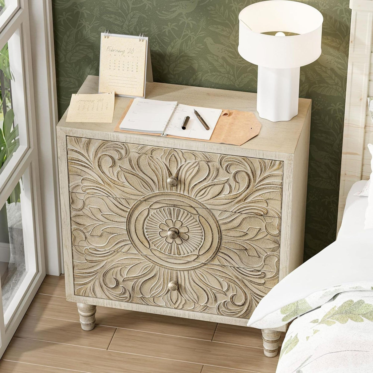 COZAYH 3-Drawer Bedroom Dresser with Carved Floral Front, Distressed Weathered White Finish – Rustic, Boho, French Country, Farmhouse Nightstand with Smooth Glide Storage Drawers COZAYH