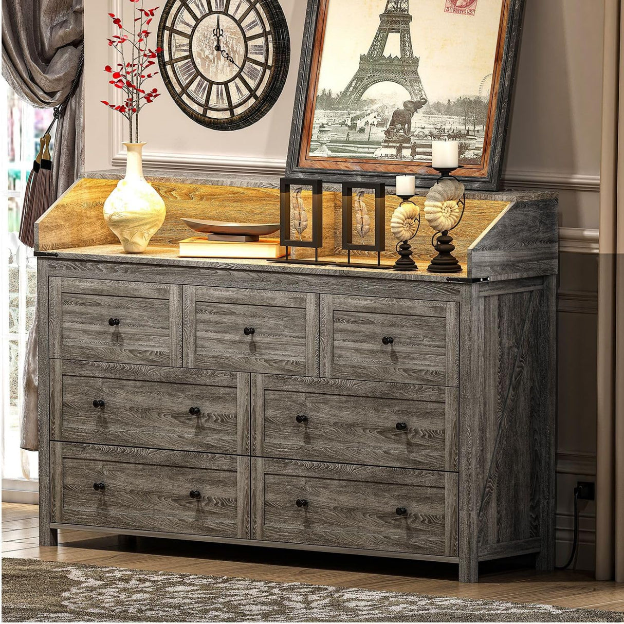 GlouMod Farmhouse 7 Drawers Dresser for Bedroom，Wooden Dresser with LED Light & Power Outlet, Tall Dresser Wide Chests of Drawers, Storage Organizer for Living Roon, Entryway, Closet, Gray Dresser GlouMod