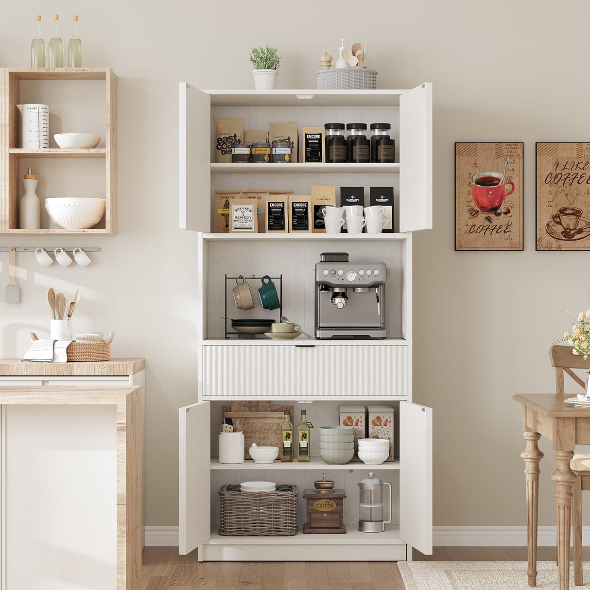 GarveeHome Kitchen Pantry Cabinet, 70" Tall Pantry Storage Cabinet with Countertop, Fluted Tall Cabinets with Doors and Drawer, Freestanding Cupboard for Dining Room, Living Room, Antique White GarveeHome