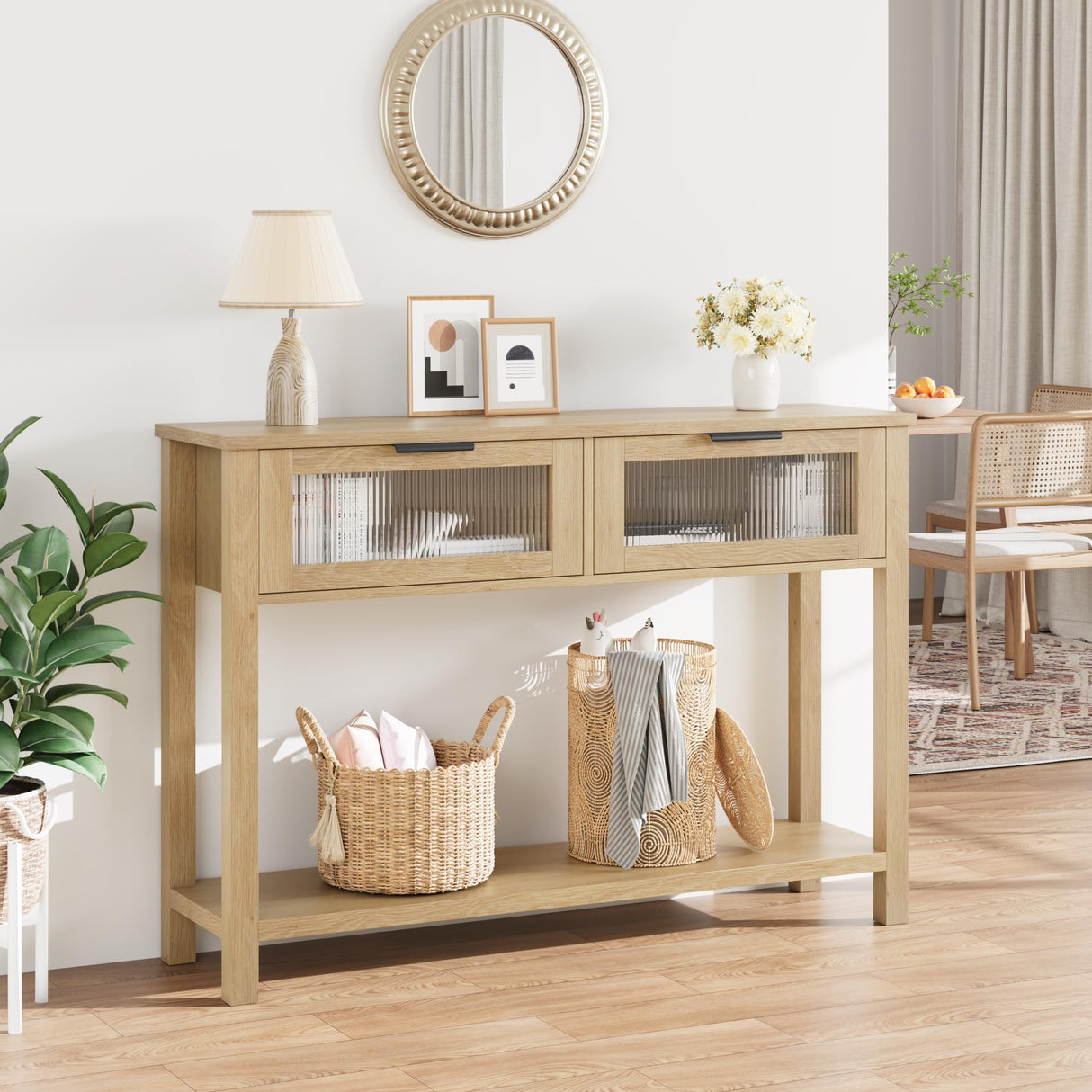 CABIHOME Entryway Table, Wood Console Table with 2 Glass Drawers, 2 Tier Sofa Table with Storage for Living Room, Foyer Tables for Entryway-Burlywood CABIHOME