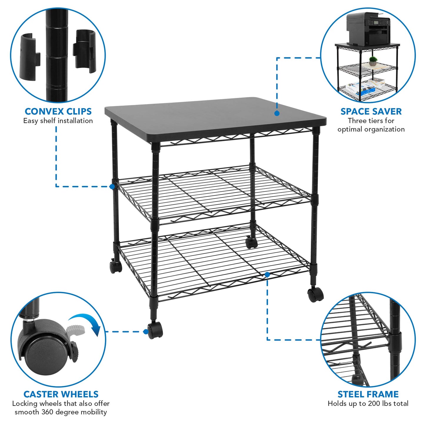 Mount-It! Printer Stand With Wheels | 3-Tier Large Printer Cart With Storage Shelves For 3D & Laser Printer, Scanner, Heat Press | Rolling Metal Utility Table For Home and Office Use, 200 Lbs - WoodArtSupply