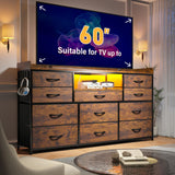 EnHomee Dresser for Bedroom with 11 Drawers for 60" TV Stand for Bedroom with LED Lights & Charging Station Long Dresser with Shelves & 4 Hooks Sturdy Metal Frame & Fabric Drawers (Rustic Brown) EnHomee