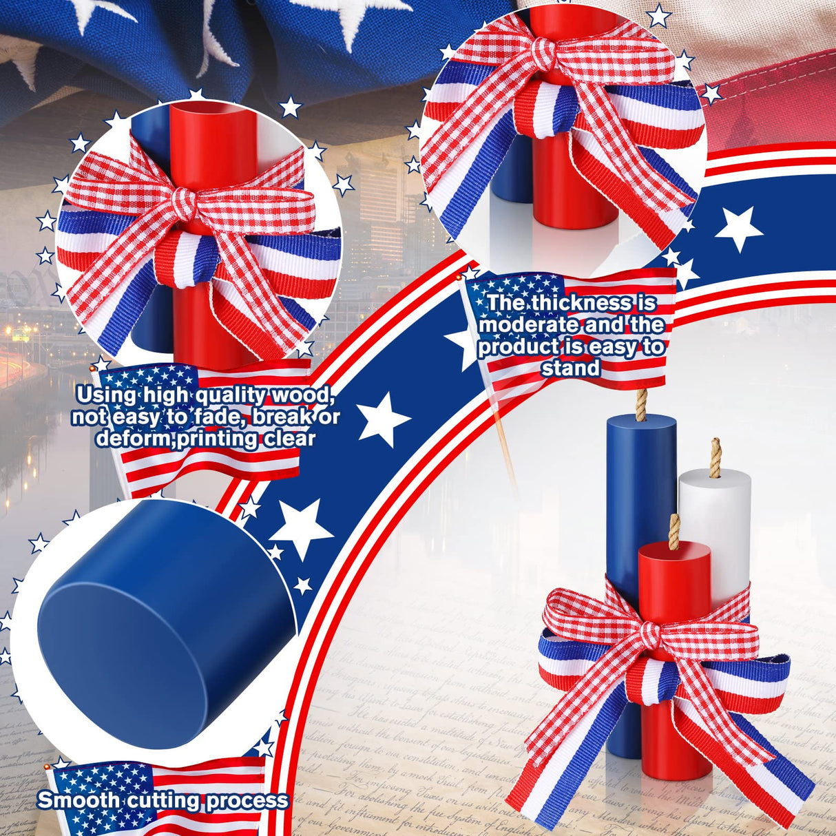 3 Pcs 4th of July Table Decoration Patriotic Tiered Tray Decor Red White Blue USA Firework Memorial Day Independence Day Wood Table Signs Fourth of July Centerpieces(Cute Style) Yalikop