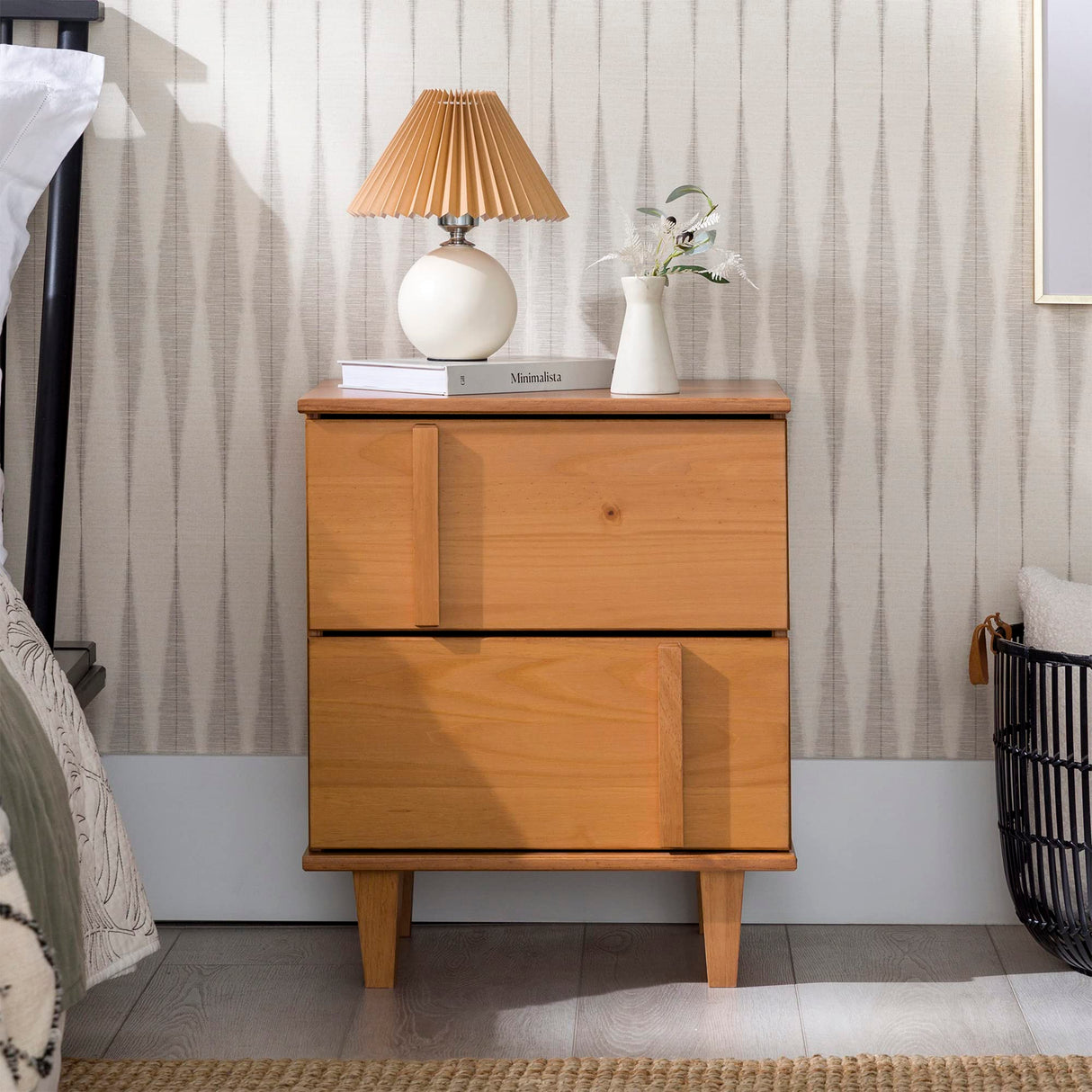 Walker Edison Sprague Contemporary Detailed Drawer Solid Wood Nightstand, 20 Inch, Caramel Walker Edison