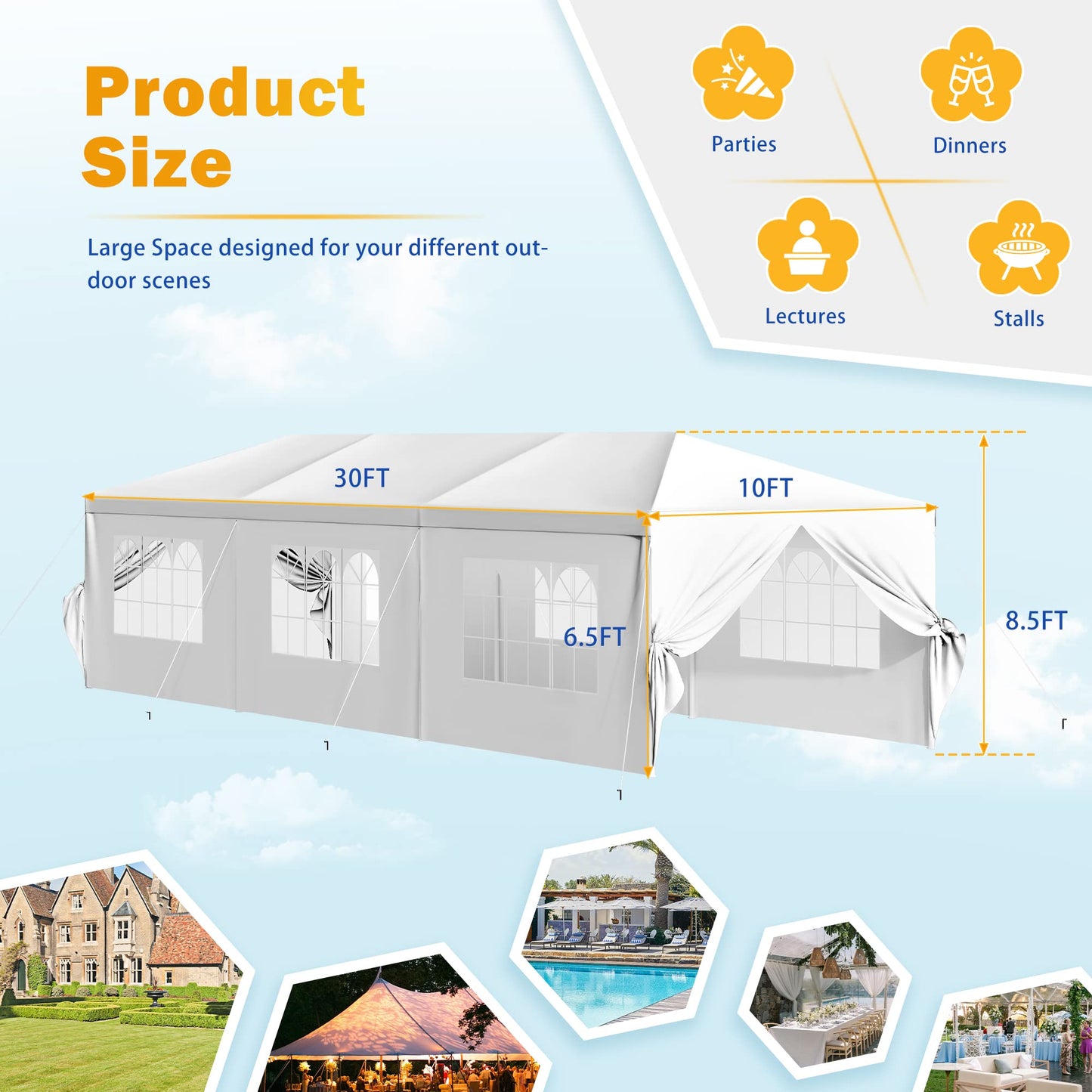 Flamaker Party Tent 10'x30' Outdoor Wedding Canopy Tents for Parties with Removable Sidewalls Heavy Duty Event Booths Waterproof Gazebo Shelter (White) - WoodArtSupply