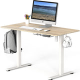 SHW Electric Height Adjustable Sit Stand Desk with Hanging Hooks and Cable Management, 48 x 24 Inches, White Frame and Maple Top SHW