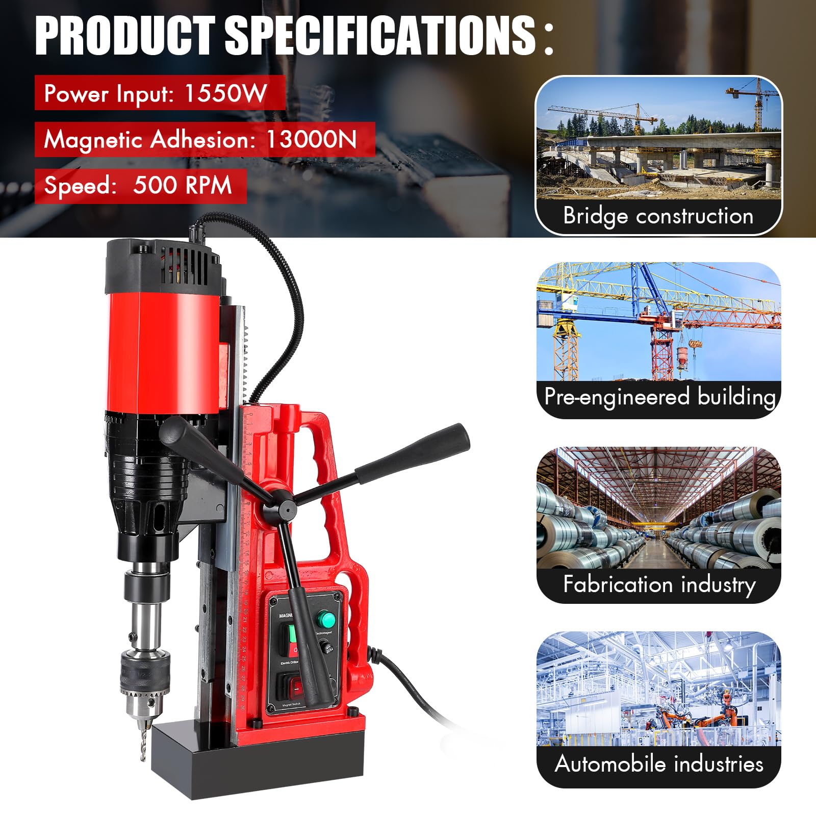 GARVEE Magnetic Drill Press, 1550W 500RPM Portable Mag Drill Press, 10-Speed Core Drilling Machine for Metal Working,3Pcs Drill Bits，Red - WoodArtSupply