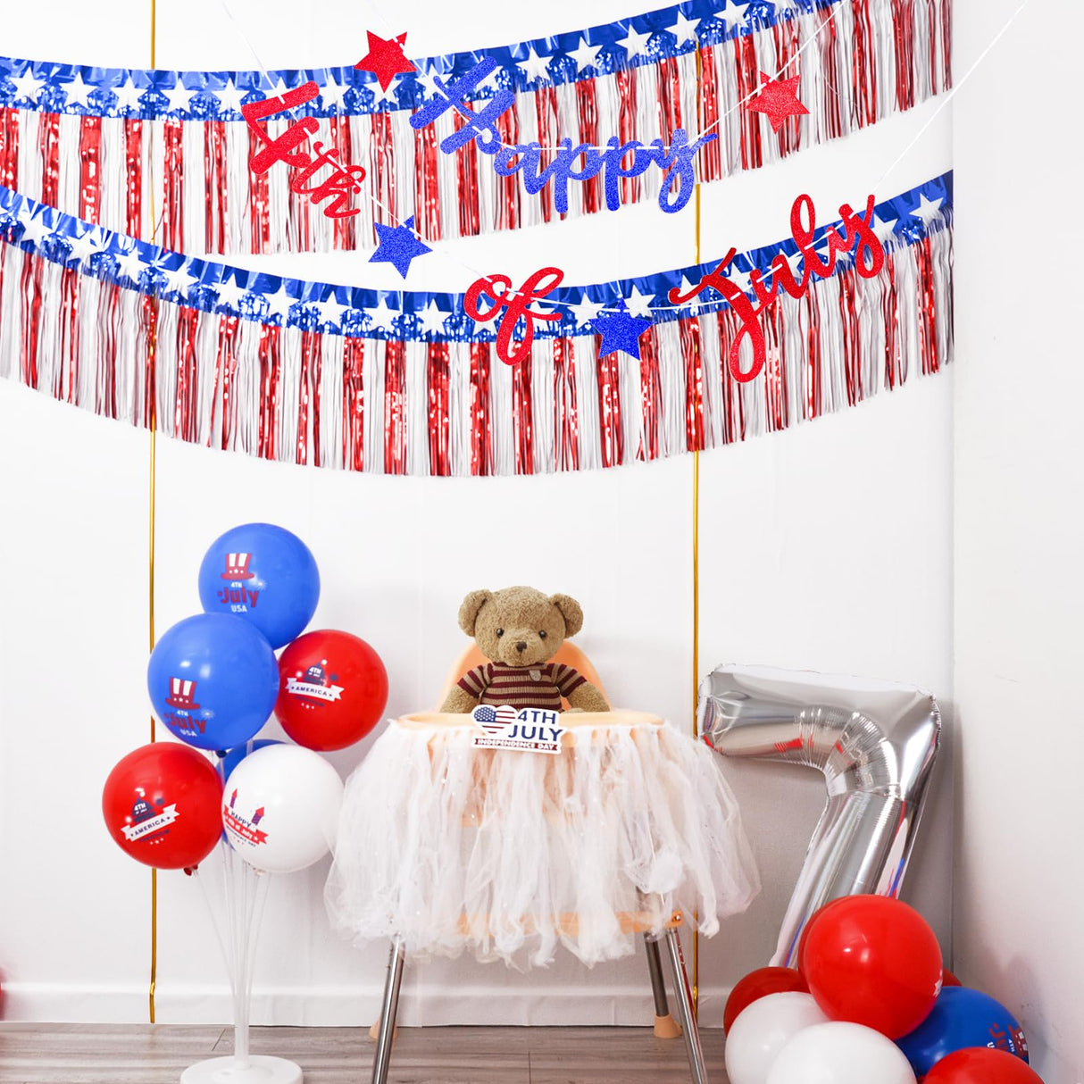 Mega-L 4th of July Decorations 2Packs 39 Feet Foil Fringe Garland Tinsel Streamers, Red White and Blue Star Metallic Hanging Backdrop Banner Table Skirts for Parade Floats Memorial Day Patriotic Party Mega-Loopolis
