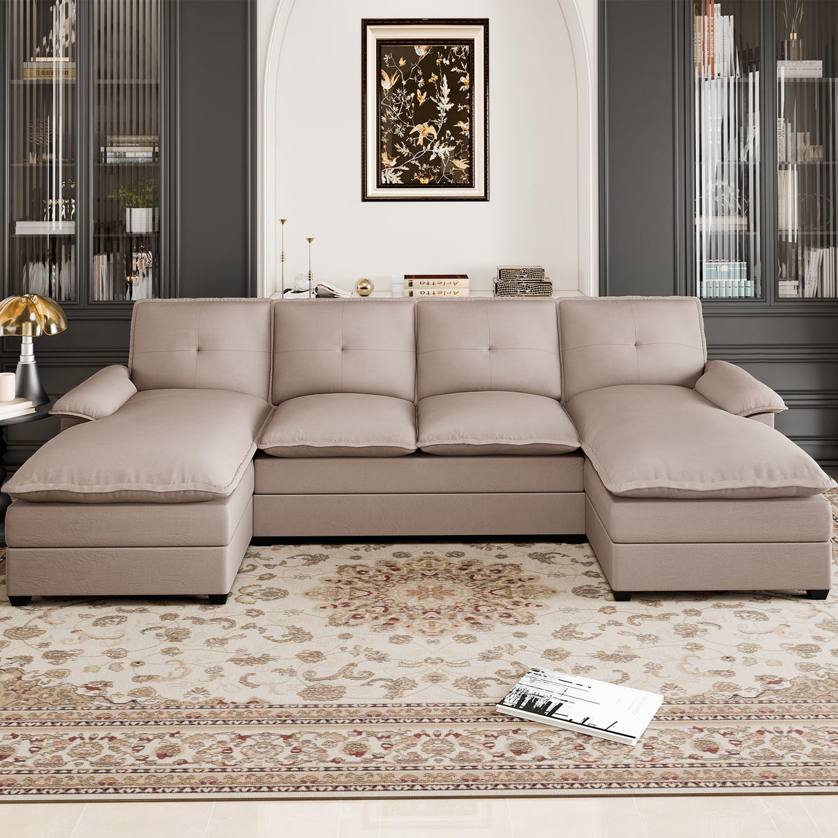 Shintenchi 110" Sectional Couches for Living Room,4 Seat U Shape Modular Couch with Thick Cushion & Soft Backrest,Upholstered Sofa Couch with Double Chaise,Beige Shintenchi