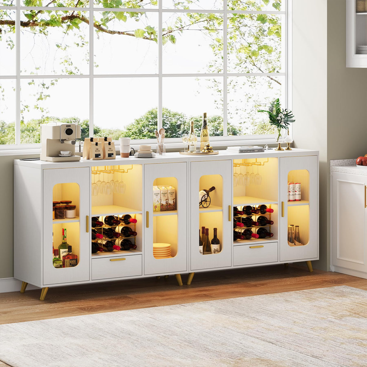 Condemo Wine Bar Cabinet with LED Light, Modern Coffee Bar Cabinet with Power Outlet, Liquor Cabinet with Wine Rack Glasses Holder, Sideboard Buffet Cabinet for Dining Room Living Room Kitchen, White Condemo