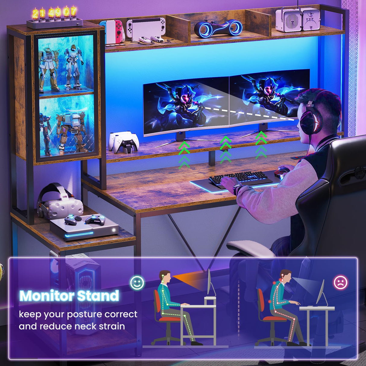 SEDETA Gaming Desk, 60'' Gaming Desk with Hutch and LED Lights, Computer Desk with Storage Shelves, Large PC Gamer Desk with Display Cabinet, Monitor Stand, Power Outlet for Home Office, Rustic Brown SEDETA