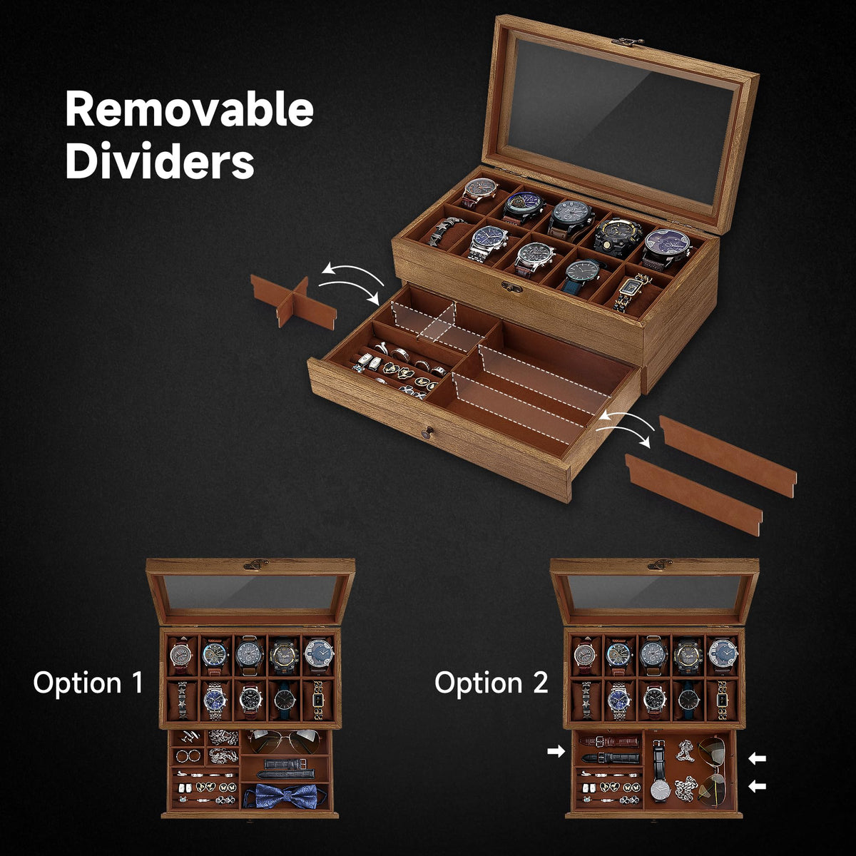 GALHUBIS Watch Box with 10 Slots, 2-Tier Watch Case for Large Dial Watches, Watch Display Case with Lid, Removable Watch Pillows, Gifts for Men Women, Watch Organizer with Drawer, Jewelry Box, Walnut GALHUBIS