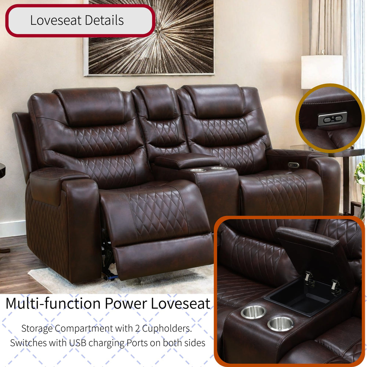 Living Room Furniture Set, Power Reclining Sofa Set, Air Leather Recliners with Built-in USB Ports and Storage Console, LED Reclining Couch Set for Living Room (Wine, Sofa Loveseat) AYCP Furniture